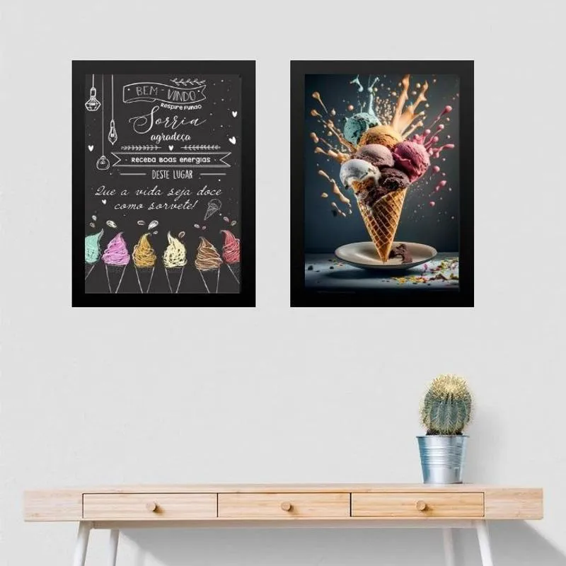 Kit 2 Quadros Para Decorar Sorveteria 24X18Cm