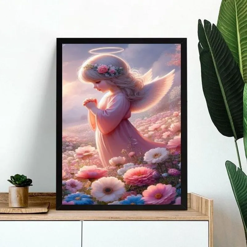 Quadro Infantil Anjinha Com Flores 45X34Cm