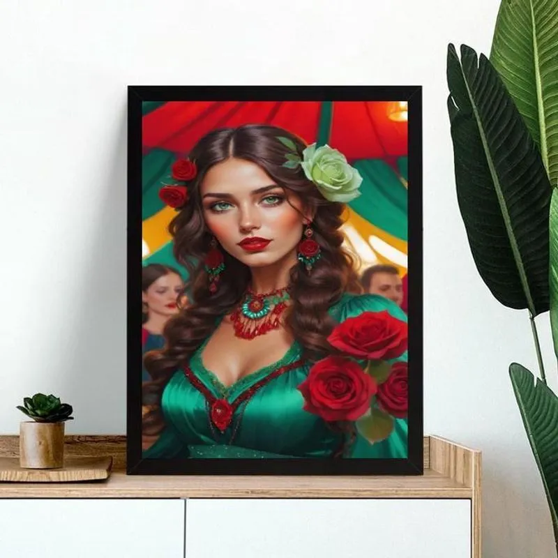 Quadro Cigana Esmeralda Rosa Vermelha 45X34Cm