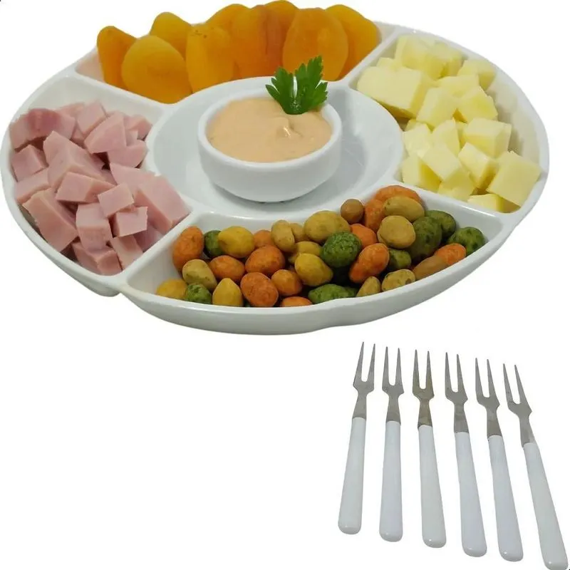 Kit Tabua De Frios Com Molheira E 6 Garfinhos Para Petisco P