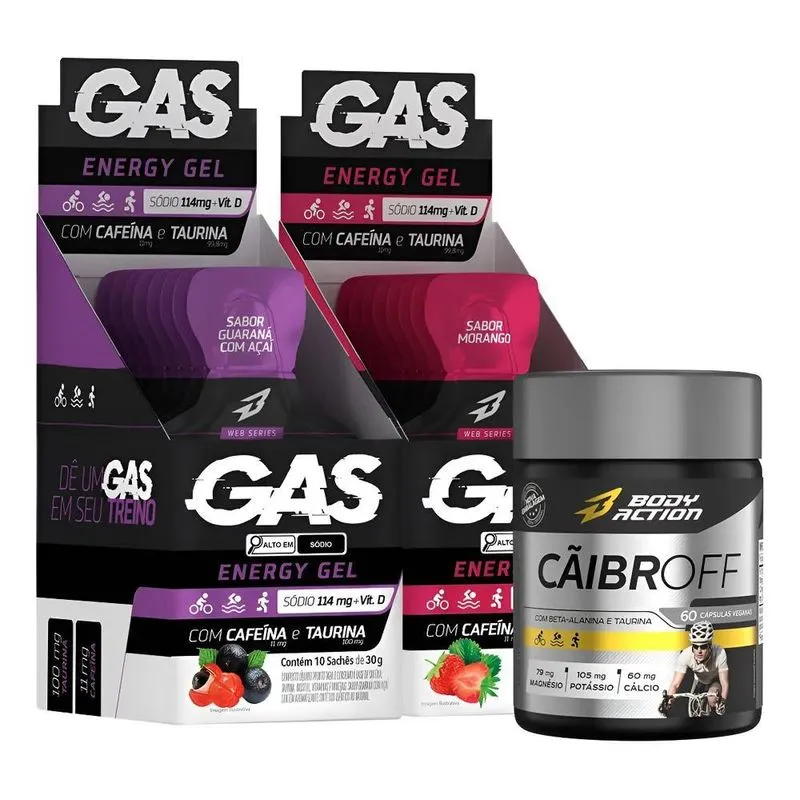 2x Gas Energy Gel Energético 20 Sachês + Cãibroff Bodyaction