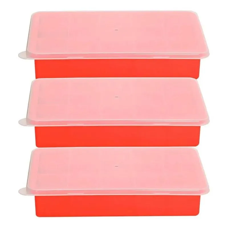 Kit 3 Formas De Gelo Em Silicone Com Tampa 15 Cubos Vermelh