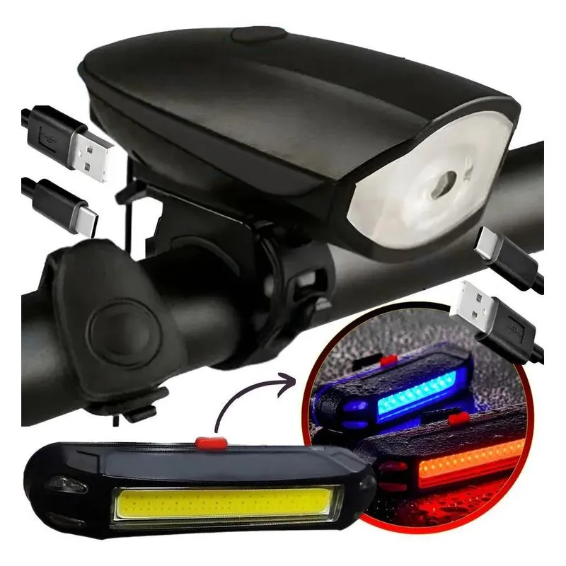 Kit Lanterna Farol Led Com Buzina Bike Recarregavel Preto