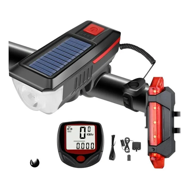 Lanterna Farol Solar Bike Buzina Led Traseiro E Velo Vermelh