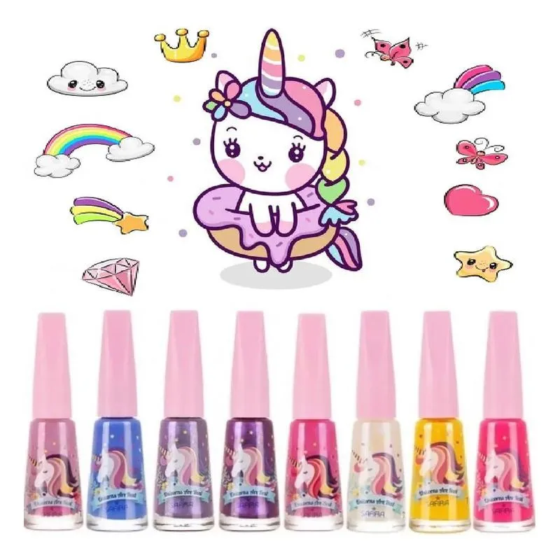 10x Kit 3 Esmaltes Unicórnio Infantil Coloridos Safira