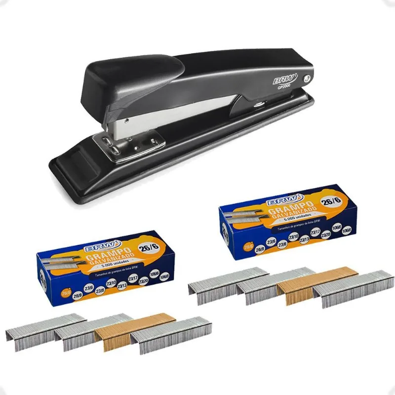 Grampeador Preto De Metal 14cm + 2 Caixas Com 5000 Grampos