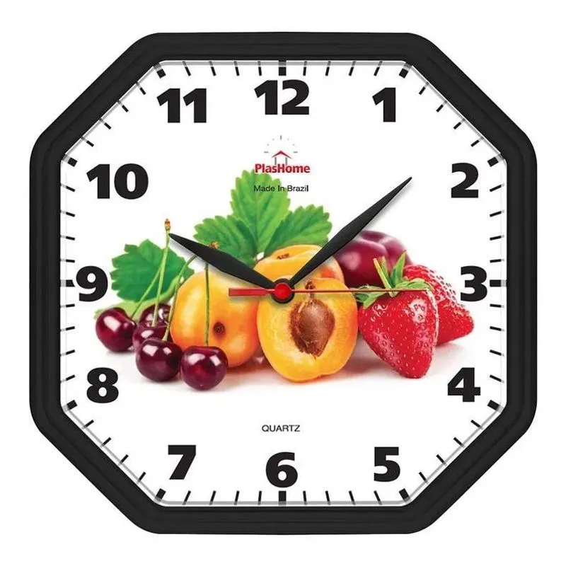 3x Relógio De Parede Para Cozinha Oitavado Frutas Preto