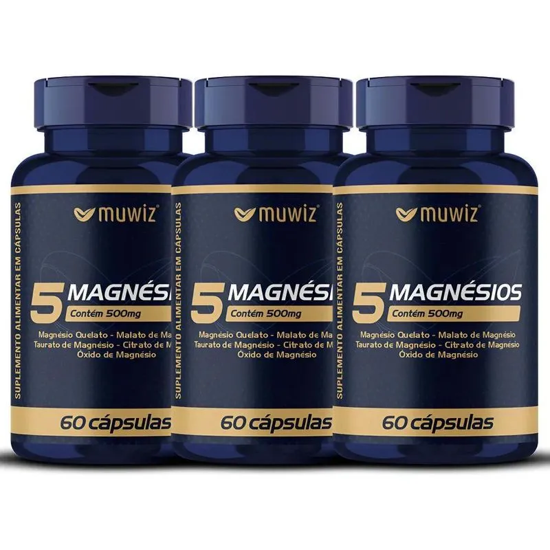 5 Magnésios Muwiz 60 Cápsulas 500mg Kit Com 3 Potes Sabor Se