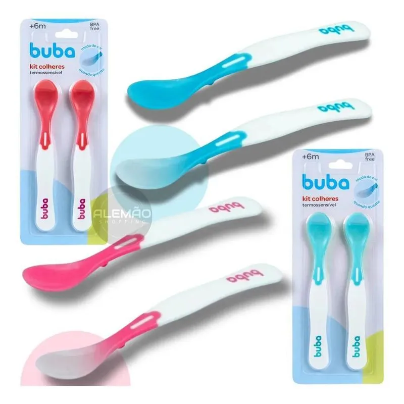 2x 2 Colher Infantil Alimentação Termossensível Silicone Bub