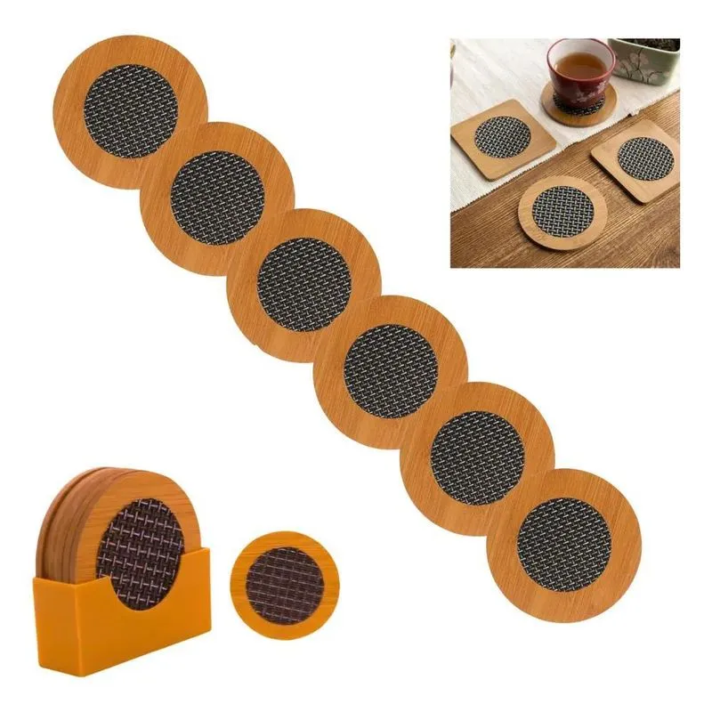 2x Jogo De Porta Copos Bambu 6 Peças E Suporte