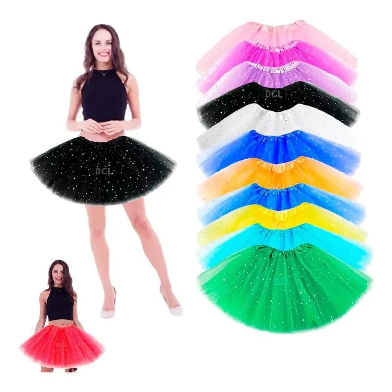 5x Saia Tule Adulto Colorida C/brilho Festa Carnaval 40 Cm T
