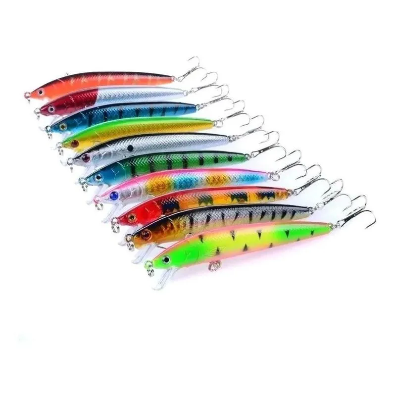 10x Kit 10 Iscas Artificiais 3d Minnow Coloridas 2 Ganchos