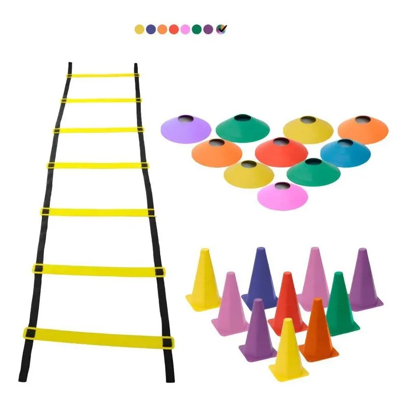 Kit Funcional Treino 10 Cones 10 Pratos 1 Escada 7 Degraus