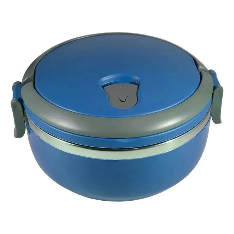 5x Marmita Hermética Dupla Azul Redonda 1,4 Litros Fit Inox