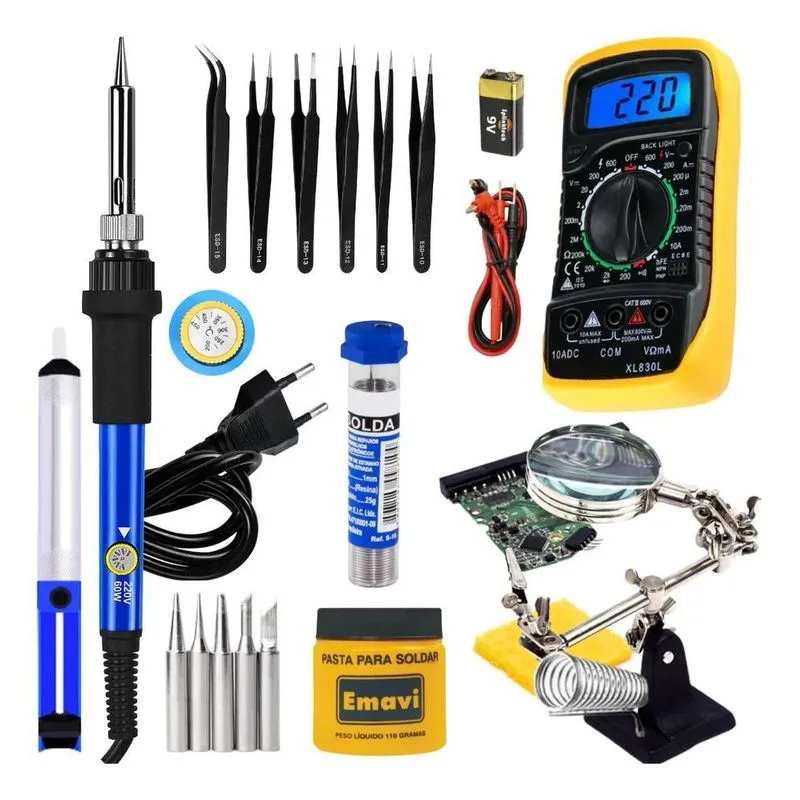 2x Kit Ferro De Solda 60w Ajuste Temperatura Multimetro 17pc