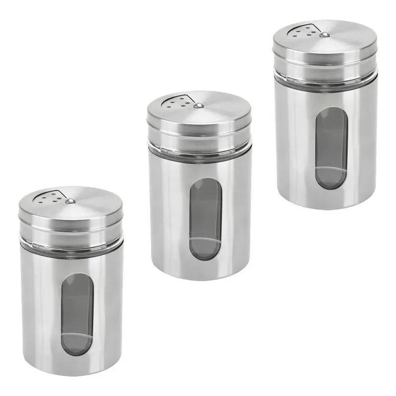 5x Porta Condimento Tempero Saleiro Pimenteiro Vidro Inox 3