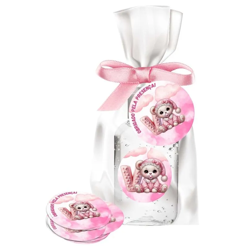Kit 25 Lembrancinhas Alcool Gel Ursinha Rosa Letra V