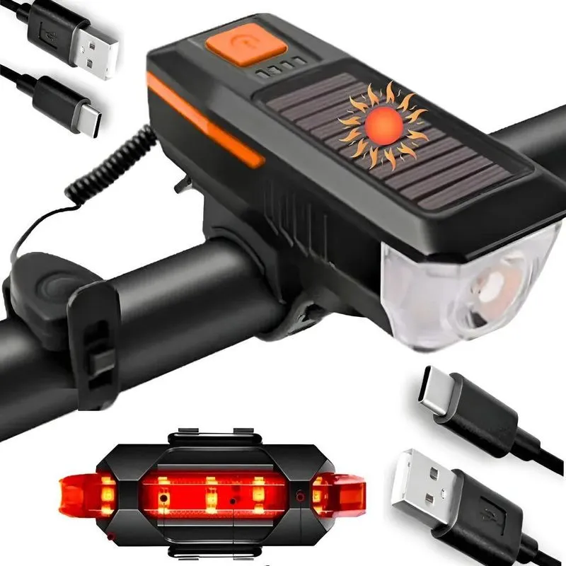 Lanterna Farol Solar Bike Buzina Led Traseiro Ciclis Laranja