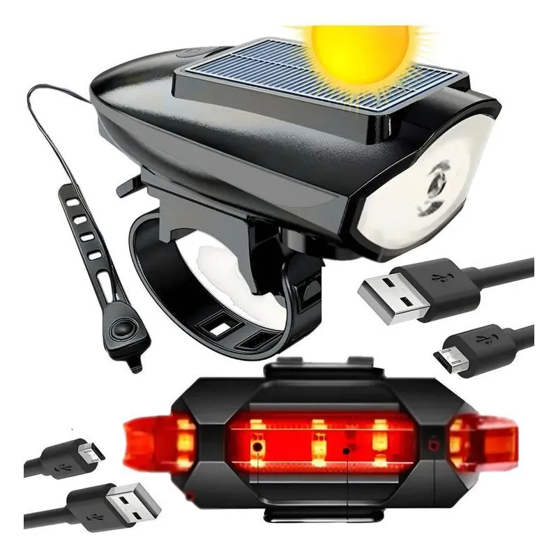 Lanterna Farol Solar Bike Buzina Led Traseiro Ciclista Preto