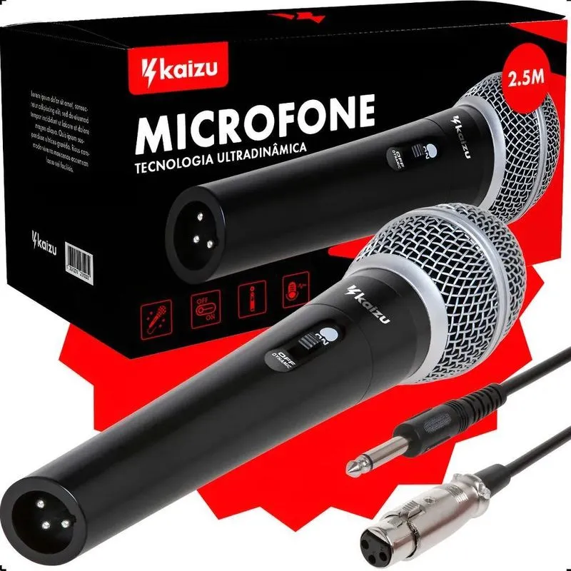 Microfone Com Fio Profissional Metal Duplo Dinâmico Karaokê