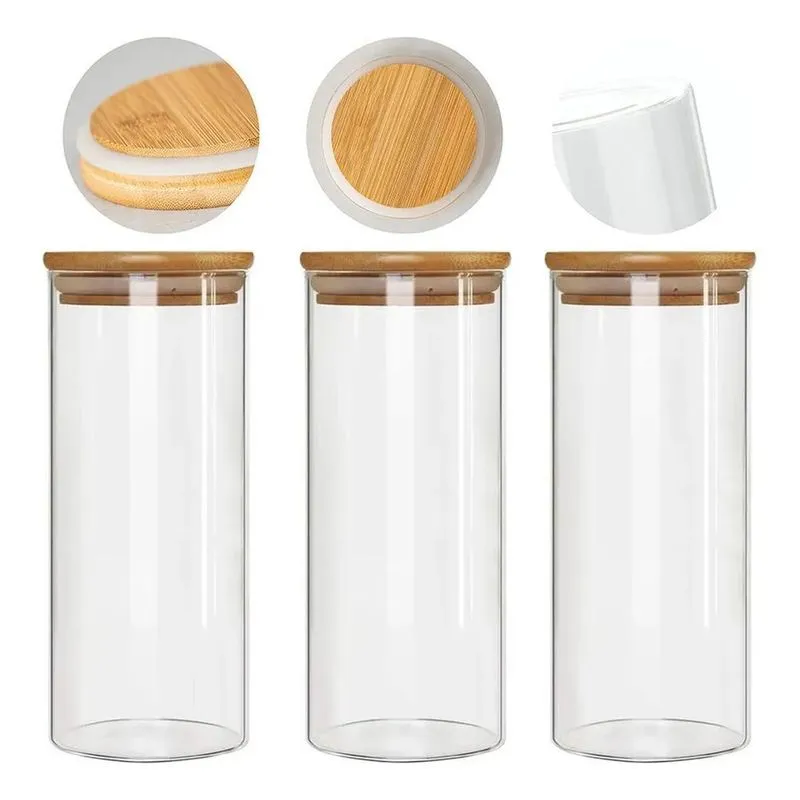 10x Kit 3 Potes De Vidro Com Tampa De Bambu 1 Litro Redondo