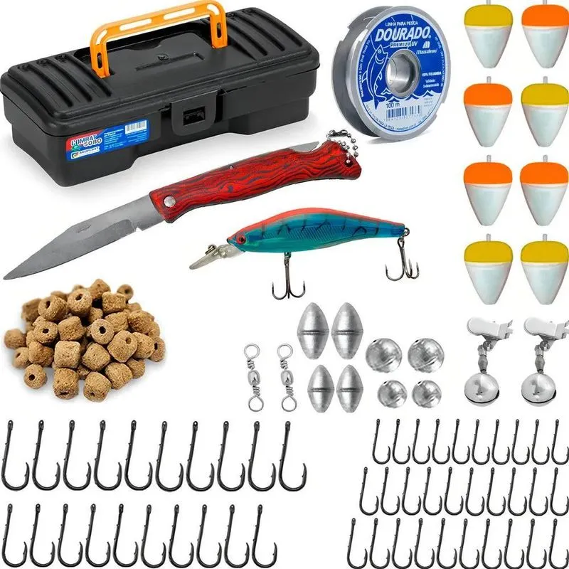 3x Kit Pesca Completo Anzol Boia Chumbada Sino Girador Isca