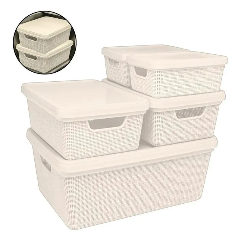 Kit 5 Caixas Organizadoras Juta Cesto 3 Tam Tampa 1 - Bege