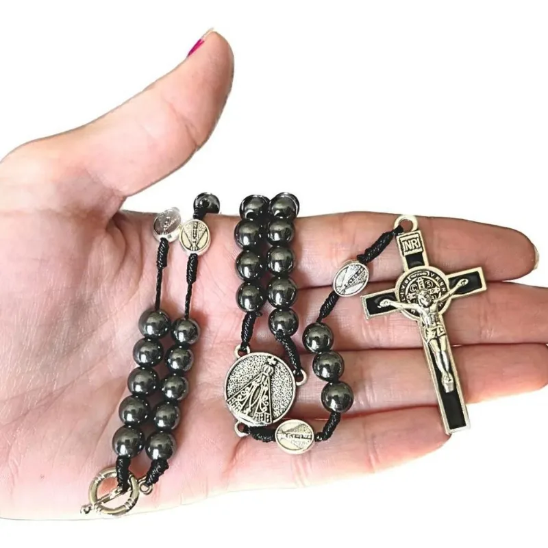 5x Colar Terço De Pescoço Hematita Nossa Senhora Aparecida
