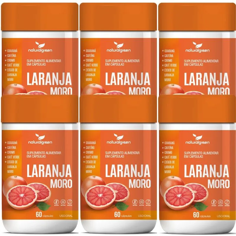 Kit 6 Potes Laranja Moro Guaraná Cafeína Cromo Café Verde 360 Cápsulas