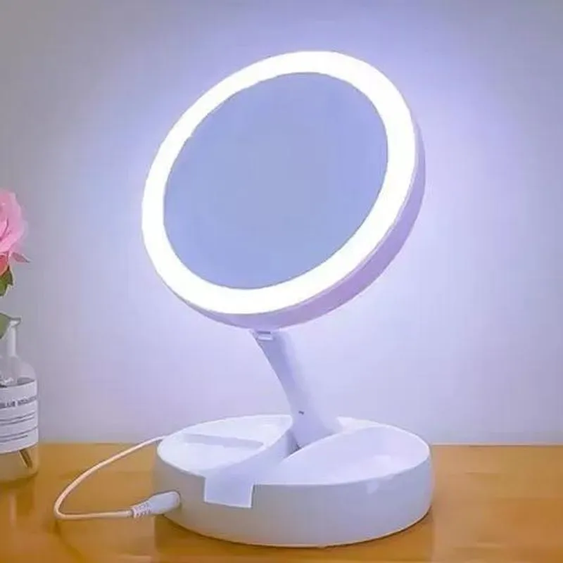 3x Espelho Dobrável Maquiagem Dupla Face Aumento 10x Led E O