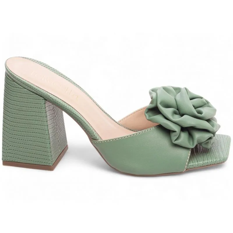 Sandália Tamanco Feminino Verde Salto Médio Baixo Bloco Grosso Bico Quadrado Flor 9cm Verde Torricella