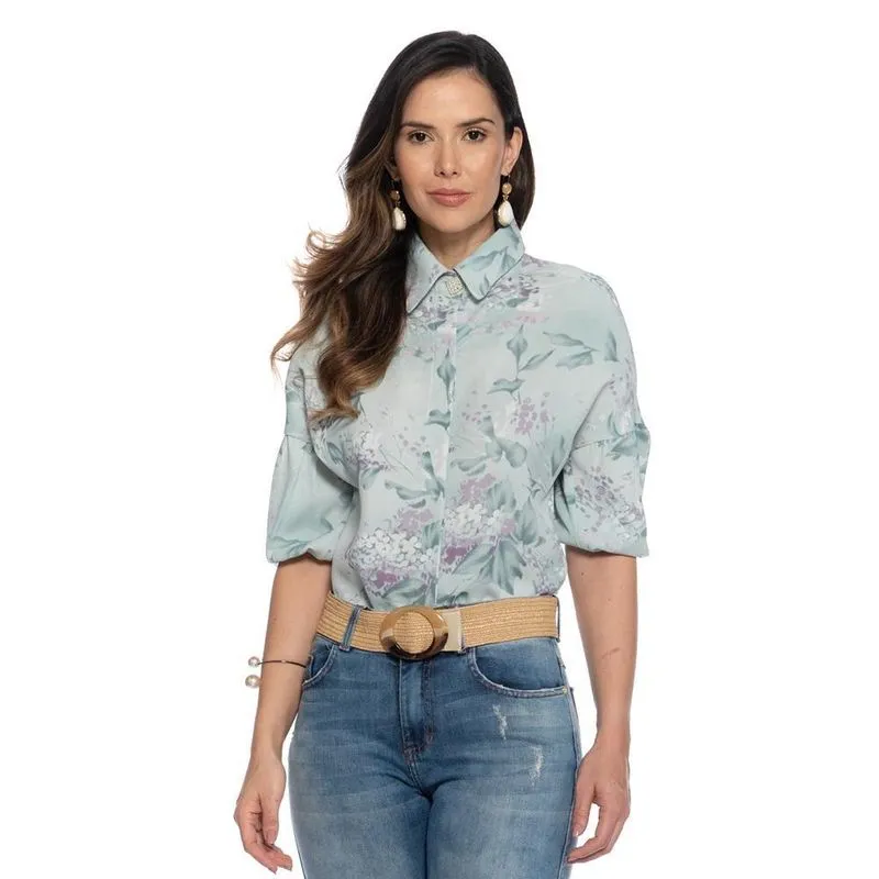 Blusa Social Feminina Floral Romântica Manga Bufante Casual Verde água GG