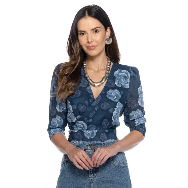 Blusa Cropped Feminina Manga 3/4 Bufante Floral Casual Azul Escuro M