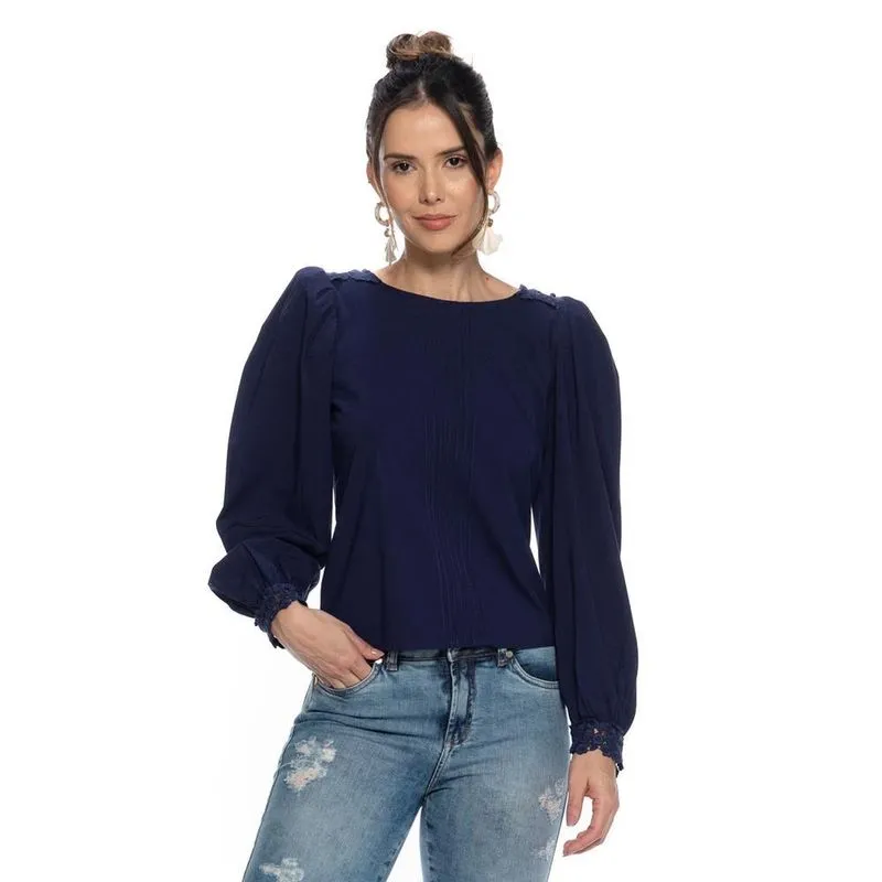 Blusa Feminina Chique Manga Longa Bufante Renda Casual Azul Escuro G
