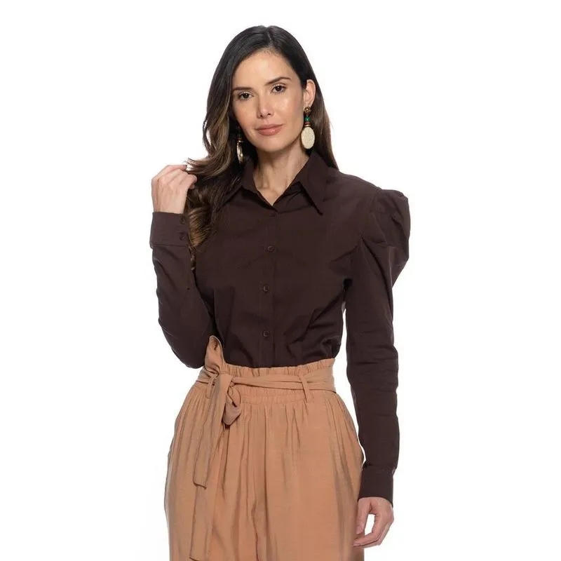 Camisa Camisete Feminina Lisa Algodão Manga Bufante Casual Marrom M