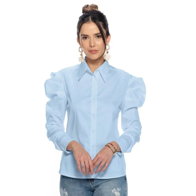 Camisa Camisete Feminina Lisa Algodão Manga Bufante Casual Azul Claro M