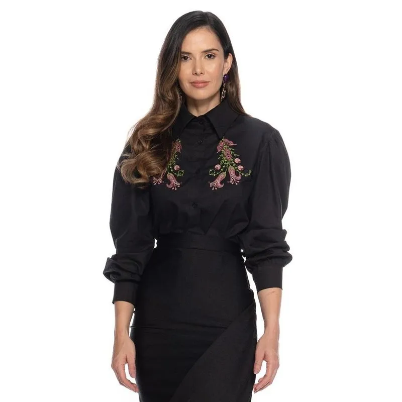 Camisa Social Feminina Manga Longa Bordada Bufante Casual Preto G