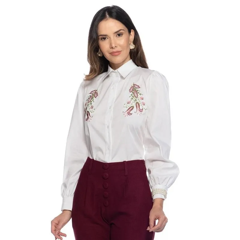 Camisa Social Feminina Manga Longa Bordada Bufante Casual Branco G