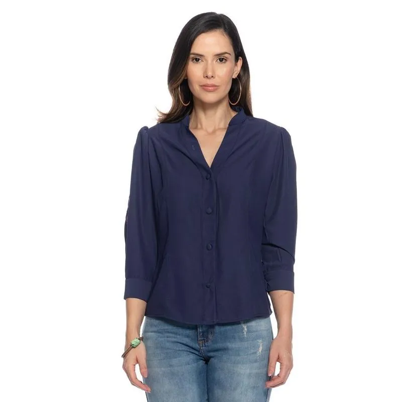 Camisa Feminina Manga Longa Bufante Bordada Luxo Casual Azul Escuro M