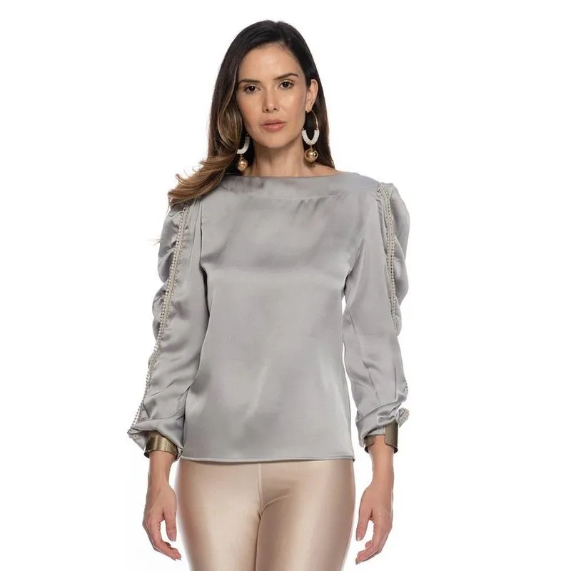 Blusa Feminina Manga Longa Ombro a Ombro Renda Casual Cinza GG