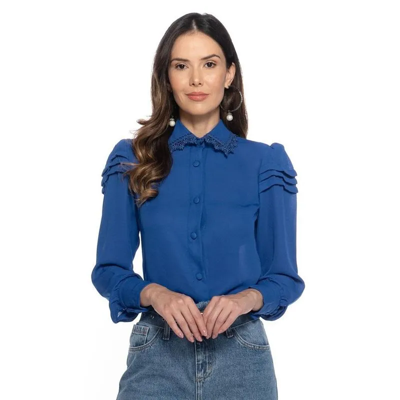Camisa Feminina Lisa Manga Longa Bufante Renda Delicada Azul Royal GG