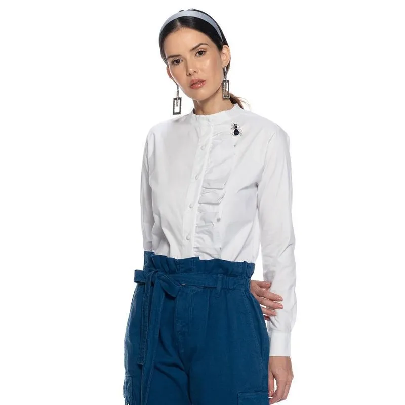 Camisa Feminina Manga Longa Botão Algodão Babado Casual Branco G