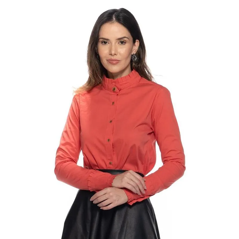 Camisa Social Feminina Manga Longa Elastano Babado Casual Laranja GG