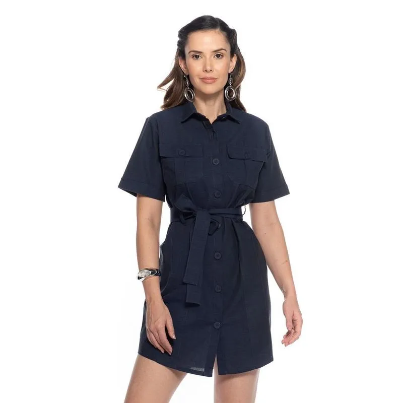 Vestido Chemise Feminino Curto Linho Acinturado Casual Azul Marinho GG