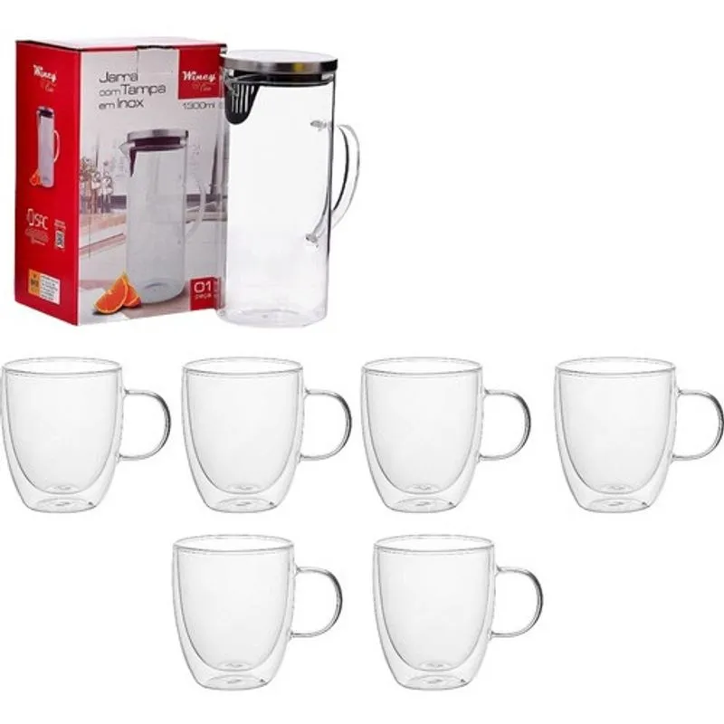 Jarra De Suco Água Em Vidro + 6 Canecas De Vidro Duplo 350ml