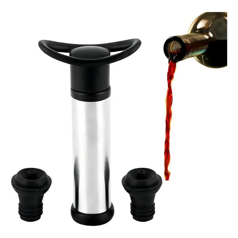 Kit Bomba Vácuo Garrafa Vinho Inox + 2 Tampas Silicone Vacu