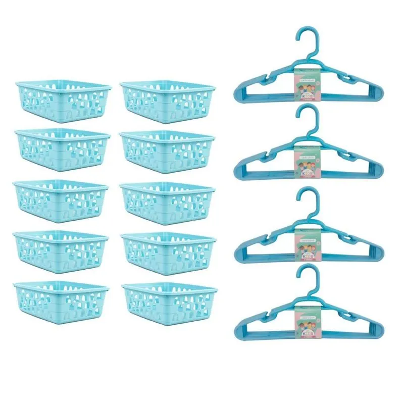 Kit 10 Cestos Organizador Azul + 20 Cabides Infantil Azul