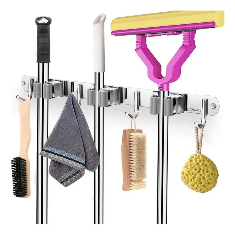 2 Kit Suporte Para Vassouras Em Aço Inoxidável Comporta 7