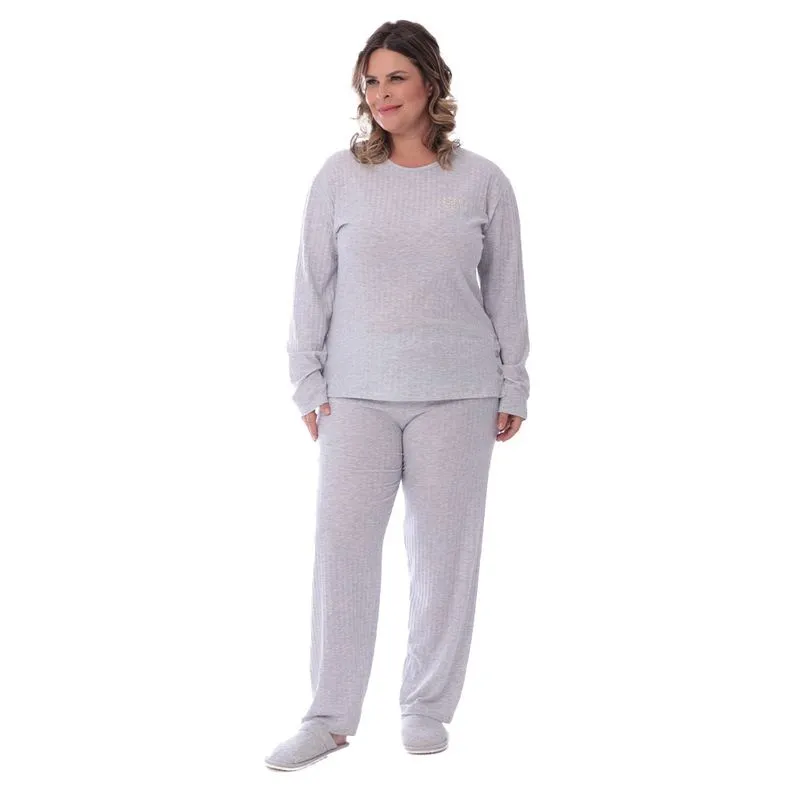 Pijama Plus Size Frio Inverno Com Bordado Feminino Adulto