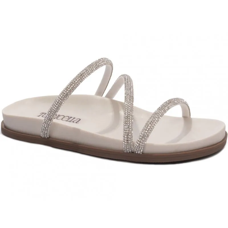 Sandália Papete Birken Rasteira Feminina Tiras Strass Off Write Branco Torricella